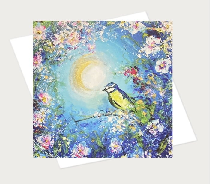 Blue Tit In Cherry Blossom Blank Greetings Card With Envelope Emma 8255