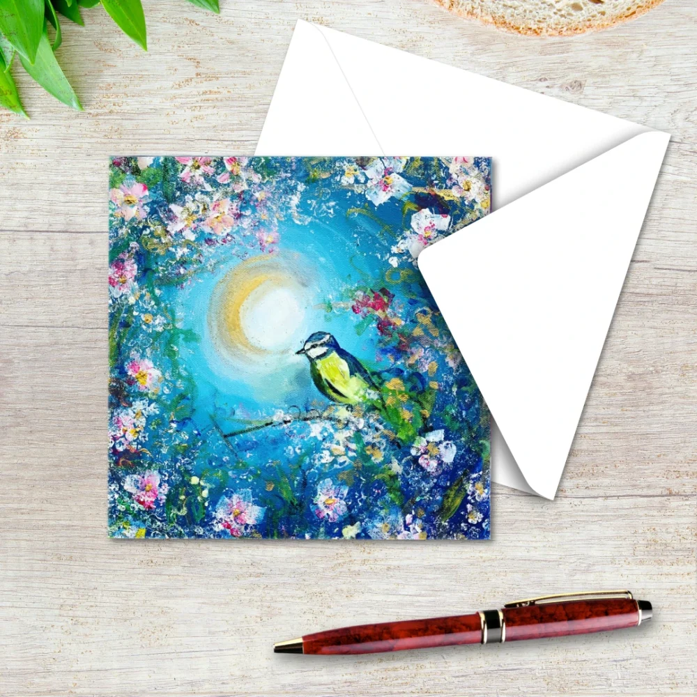 Blue-Tit-in-Cherry-Blossom Greetings Card